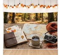 Vintage Travel Adventure Theme Map Autumn Backdrop Banner 83x59 Inch | Vintage Journal, Photography Backdrop, Ceramic Mug, Classic Camera, Rustic Wood Texture, Wanderlust Theme