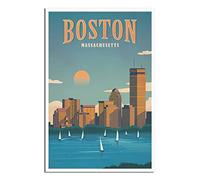 Vintage Travel Poster BOSTON Massachusetts Architecture Sunrise Sailboat Canvas Art Print Office Family Bedroom Decorative Posters Gift Wall Decor Poster 16x24inchs(40x60cm) Unframe-.