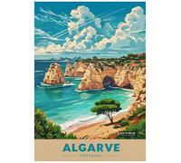 Vintage Travel Poster Depicting Algarve Coastal Landscape - Retro Europe Travel Poster A4 Size Vintage Wall Art Print of Famous European Destinations Ideal for Home or Office Decor