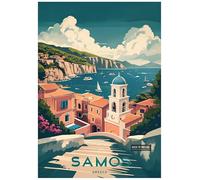Vintage Travel Poster Depicting Coastal Village In Samos - Retro Europe Travel Poster A4 Size Vintage Wall Art Print of Famous European Destinations Ideal for Home or Office Decor