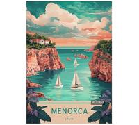 Vintage Travel Poster Depicting Menorca's Scenic Coastal Landscape - Retro Europe Travel Poster A4 Size Vintage Wall Art Print of Famous European Destinations Ideal for Home or Office Decor