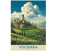 Vintage Travel Poster Depicting Scenic Volterra Italy Landscape - Retro Europe Travel Poster A4 Size Vintage Wall Art Print of Famous European Destinations Ideal for Home or Office Decor