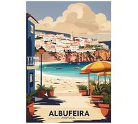Vintage Travel Poster Depicting Serene Albufeira Beach Scene - Retro Europe Travel Poster A4 Size Vintage Wall Art Print of Famous European Destinations Ideal for Home or Office Decor