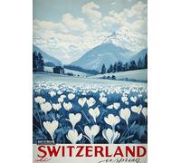Vintage Travel Poster Depicting Swiss Spring Landscape- A4 Wall Art, Inspirational World Map, Vintage City, Retro Poster, Home Decor for Living Room, Office, Gift Idea for Travel Lovers