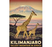 Vintage Travel Poster Featuring Kilimanjaro With Giraffes- A4 Wall Art, Inspirational World Map, Vintage City, Retro Poster, Home Decor for Living Room, Office, Gift Idea for Travel Lovers