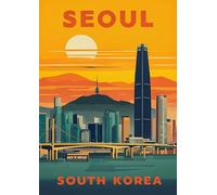 Vintage Travel Poster Featuring Seoul Skyline At Sunset - A4 Wall Art, Inspirational World Map, Vintage City, Retro Poster, Home Decor for Living Room, Office, Gift Idea for Travel Lovers