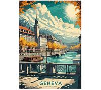 Vintage Travel Poster Featuring Serene Autumn View Of Geneva City - Retro Europe Travel Poster A4 Size Vintage Wall Art Print of Famous European Destinations Ideal for Home or Office Decor