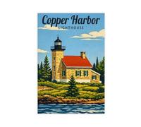 Vintage Travel Poster for Copper Harbor Lighthouse, Lake Superior, Michigan Canvas Poster Wall Art Decor Print Picture Paintings for Living Room Bedroom Decoration 8" L X 12" W