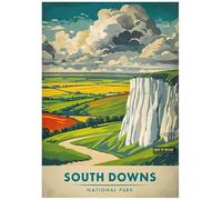Vintage Travel Poster Illustrating South Downs National Park Landscape - Scenic National Park Poster A4 Vintage Travel Art Retro Wilderness Landscape for Nature Lovers and Adventure Home Wall Decor