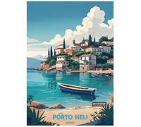 Vintage Travel Poster Illustration Of Porto Heli Greece - Retro Europe Travel Poster A4 Size Vintage Wall Art Print of Famous European Destinations Ideal for Home or Office Decor