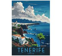 Vintage Travel Poster Illustration of Tenerife's Coastal Charm - Retro Europe Travel Poster A4 Size Vintage Wall Art Print of Famous European Destinations Ideal for Home or Office Decor