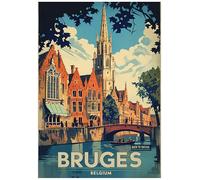 Vintage Travel Poster of Bruges City Showcasing Serene Canal Scene - Retro Europe Travel Poster A4 Size Vintage Wall Art Print of Famous European Destinations Ideal for Home or Office Decor