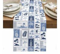 Vintage Tropical Table Runner 13 x 90 Inch, Pineapple Palm Tree Summer Vacation Blue Washable Cotton Linen Dining Table Runner Tabletop Decorations for Restaurant Home Kitchen Party