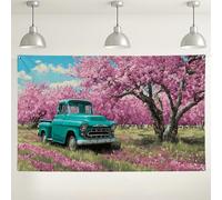 Vintage Truck Floral Backdrop, Peach Blossom Retro Photography Background, Spring Outdoor Party Decorations, Ideal for Baby Showers and Weddings 71x43 Inch