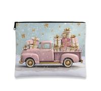 Vintage Truck Makeup Bag, Peach Christmas Cosmetic Travel Pouch for Women, Portable Small Canvas Zipper Organizer, Holiday Skincare Toiletry Bag, Peach, 7x9 Inch, Truck