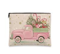 Vintage Truck Makeup Bag, Peach Christmas Cosmetic Travel Pouch for Women, Portable Small Canvas Zipper Organizer, Holiday Toiletry Bag, Peach, 7x9 Inch, Truck