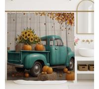 Vintage Truck Shower Curtain, Aqua Blue Fall Decor with Sunflowers and Pumpkins, Autumn Bathroom Set, Farmhouse Style Waterproof Fabric with Hooks 72x84 Inch