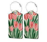 Vintage Tulips Pink Flowers Luggage Tag for Suitcase 2 Pack Leather Luggage Tag with Privacy Flap Name Id Label and Metal Loop for Women Men Travel