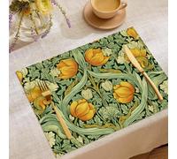 Vintage Tulips Printed Table Placemats - Ideal For Party Kitchen Dining Table - Non-Slip Washable Heat Resistant - William Morris Illustrations Placemats Pack Of 4 - Olive Green - 45X30Cm