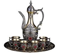 Vintage Turkish Coffee Pot and Cups Set,Tea Service Set Including Teapot,Tea Tray and Metal Cups for Wine Cabinet Decor,Wedding Ornaments (Bronze with Red Crystal)