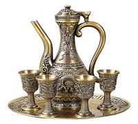 Vintage Turkish Coffee Pot and Cups Set,Teapot Tea Service Set Including 4 Metal Cups and Tea Tray for Tea Table Decor,Wedding Ornament (Bronze)