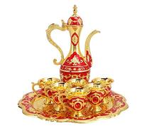 Vintage Turkish Coffee Pot Set With 6 Cups, Golden Wine Decanter and Glasses, Copper Tea Set for Home Party (Red)