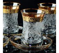 Vintage Turkish Tea Glasses Cups Saucers Set of 6 for Women Glassware Drinking Party Teapot Style Teacups Moroccan Persian Coffee Adults Fancy Decorative Tray Gold Drinkware, Tea Set, Tea Cups