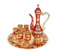 Vintage Turkish Tea Pot with 6 Coffee Cups, Turkish Coffee Pot Set Metal Coffee Pot Teapot Russian Style Wine Pot Kit Tea Tray Teapot and Tea Cups for Wedding Gift(Golden Red)