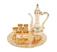 Vintage Turkish Tea Pot with 6 Coffee Cups, Turkish Coffee Pot Set Metal Coffee Pot Teapot Russian Style Wine Pot Kit Tea Tray Teapot and Tea Cups for Wedding Gift(Golden White)