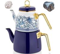 Vintage Turkish Teapot Tea Pots Kettle Set for Stovetop Stove Top Decorative Infuser Party Cups Glasses Floral Unique Boiler Samovar Strainer Loose Leaf Kitchen Style Enamel Decor (White-Blue)