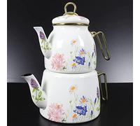 Vintage Turkish Teapot Tea Pots Kettle Set for Stovetop Stove Top Decorative Infuser Party Cups Glasses Tray Floral Unique Boiler Samovar Strainer Loose Leaf Kitchen Style Enamel Decor