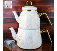 Vintage Turkish Teapot Tea Pots Kettle Set for Stovetop Stove Top Decorative Infuser Party Cups Glasses Floral Unique Boiler Samovar Strainer Loose Leaf Kitchen Style Enamel Decor (White-Gold)