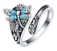 Vintage Turquoise Butterfly Ring, Adjustable Sunflower Wrap Ring For Women, Unique Dragonfly Design, Stylish Bohemian Jewelry, Gift Box Included