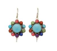 Vintage Turquoise Stud Earrings, Multi-Gemstone Bohemian Tribal Jewelry, Handcrafted Silver Metal Earrings with Natural Stone Inlays