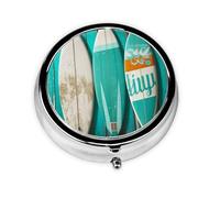 Vintage Turquoise Wood Surfboard Pill Case with Mirror Retro 3 Compartment Pill Box Small Pill Organizer for Purse or Pocket Decorative Metal Medicine Vitamin Organizer Unique Gifts
