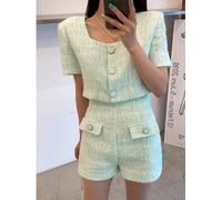 Vintage Tweed Sets Short Sleeve Single-breasted Crop Top Shots Two Piece Set Women High Quality Korean Jacket Short Pants Suits S Black