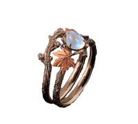 Vintage Twig & Maple Leaf Moonstone Ring, Antiqued Gold-Plated Layered Statement Ring for Women, Luxe Nature-Inspired Ring