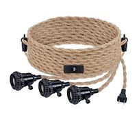 Vintage Twisted Hemp Cord Hanging Light Kit with 3 Sockets, Plug in Hanging Light Kit, Pendant Light Cord Kit Fixture with On/Off Switch for Pendant Lamp, DIY Decoration, E27, 15FT/4.5M