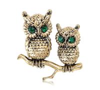 Vintage Two Owls on Branch Brooch Green Crystal Lapel Pin Wisdom-Themed Nature-Inspired Statement Jewelry