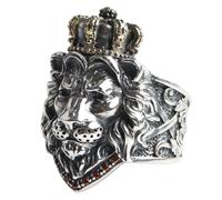 Vintage Two Tone 925 Sterling Silver Lion Head with Crown Ring for Men Boys Open and Adjustable