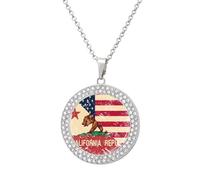 Vintage U.S.A And California State Flag Round Pendant Necklace Diamond Edging Brilliant Personalized Jewelry Gifts for Women Silver-style