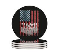 Vintage U.S.A Flag Bowling Ceramic Coasters for Cup with Cork Base Round Anti-Slip Drink Mats Home Kitchen Decor