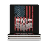 Vintage U.S.A Flag Bowling Ceramic Coasters for Cup with Cork Base Square Anti-Slip Drink Mats Home Kitchen Decor