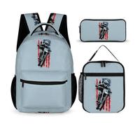 Vintage U.S.A Flag with Biker Set of 3 Backpack With Lunchbox Pencil Cases | Cute Print Main Compartment Zippered Travel Bags Casual Daily