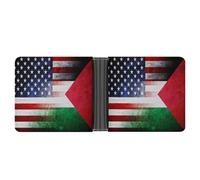 Vintage U.S. and Palestine Flag Leather Bifold Wallet for Men Slim Card Cases with 6 Slots Minimalist Coin Purse