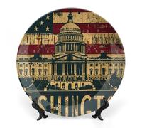 Vintage U.S. Flag Washington DC Personalized Bone China Decorative Plate Ceramic Decorative Plates with Display Stand for Home Office Decor