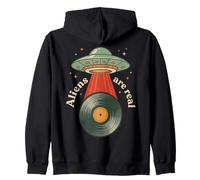 Vintage UFO Abduction Vinyl Record Player Retro Music Lover Zip Hoodie