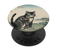 Vintage Ukiyo-e Cat Mount Fuji Cherry Blossom Japanese Art PopSockets Adhesive PopGrip