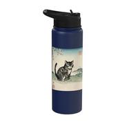 Vintage Ukiyo-e Cat Mount Fuji Cherry Blossom Japanese Art Stainless Steel Insulated Water Bottle