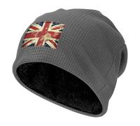 Vintage Union Jack British Flag Beanie for Men Women Warm Winter Waffle Knit Hat Plush Pullover Cap Slouchy Skull Cap, Gray, One size